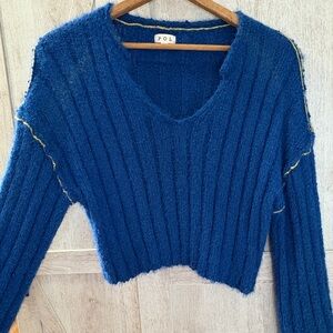 POL Y2K Distressed Blue Cropped Sweater Yellow Stitching